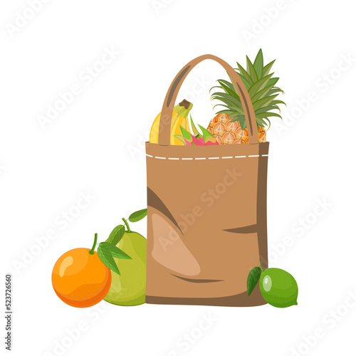 Textile linen shopping bag with exotic fruits, bananas, pineapples, pitahaya, citrus fruits. Reusable recyclable plastic free shopper, vector Illustration on white background