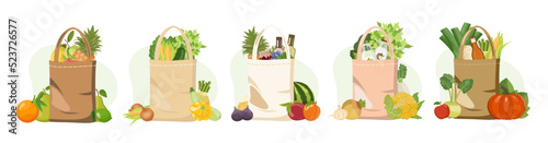 Textile linen shopping bags set with farmers market with fruits, vegetables, wine and snacks. Reusable recyclable plastic free shopper, vector Illustration