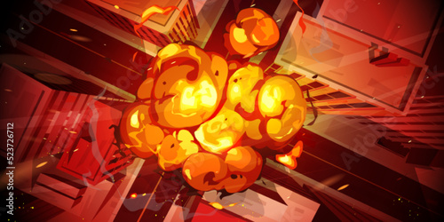 Nuclear explosion in city top view. Fiery mushroom cloud of atomic bomb detonation raising above skyscrapers in metropolis. Destroying town with mass destruction weapon cartoon vector illustration