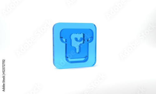 Blue Piece of bread with honey icon isolated on grey background. Toast with jam or honey. Glass square button. 3d illustration 3D render