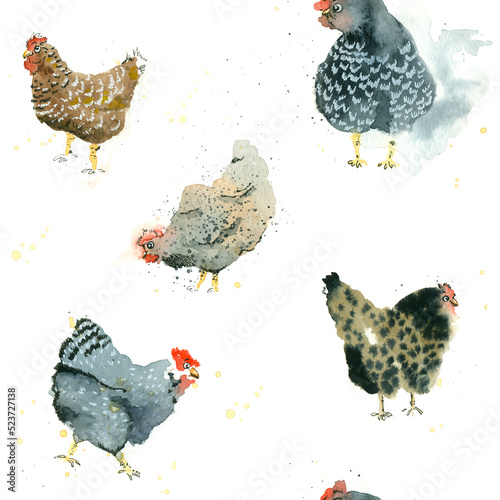 Cute chicken. Watercolor seamless patternof cartoon chicken with spray photo