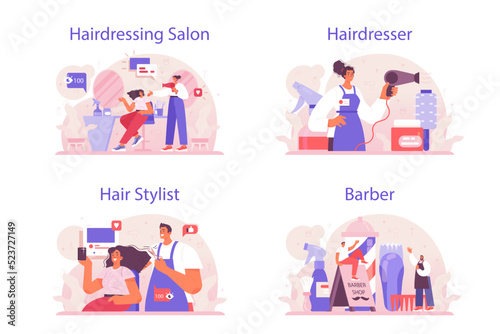 Hairdresser concept set. Idea of hair care in salon with professional