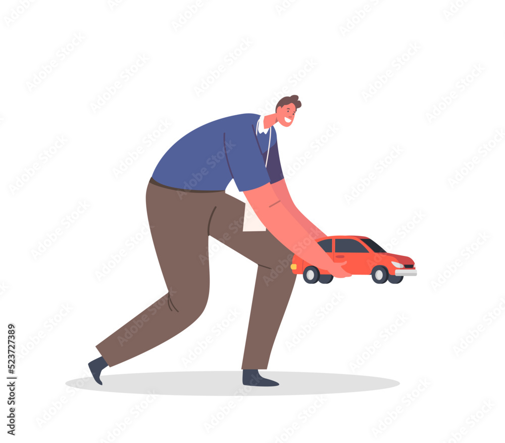 Man Volunteer Hold Plastic Car Gift or Donation to Orphans Kids. Male Character Donate Toy, Humanitarian Aid, Man Volunteer Hold Plastic Car Gift or Donation to Orphans Kids. Male Character Donate Toy, Humanitarian Aid,