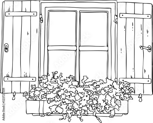 Vintage country window with shutters and flowers. Vector illustration. Line art, black and white style on a white background.