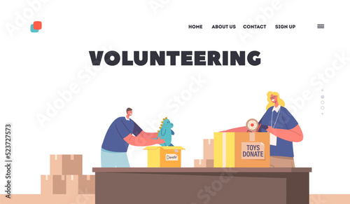 Volunteering, Donation and Charity Landing Page Template. Volunteer Characters Sorting Donated Toys into Boxes