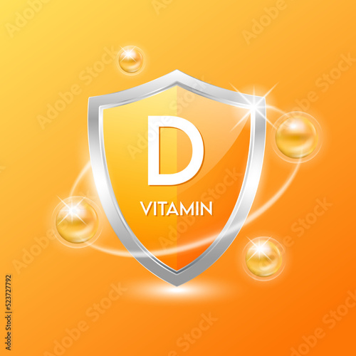 Vitamin D shield with orange atom. Protect the body stay healthy. For nutrition products food. Medical scientific concepts. Vector illustration.