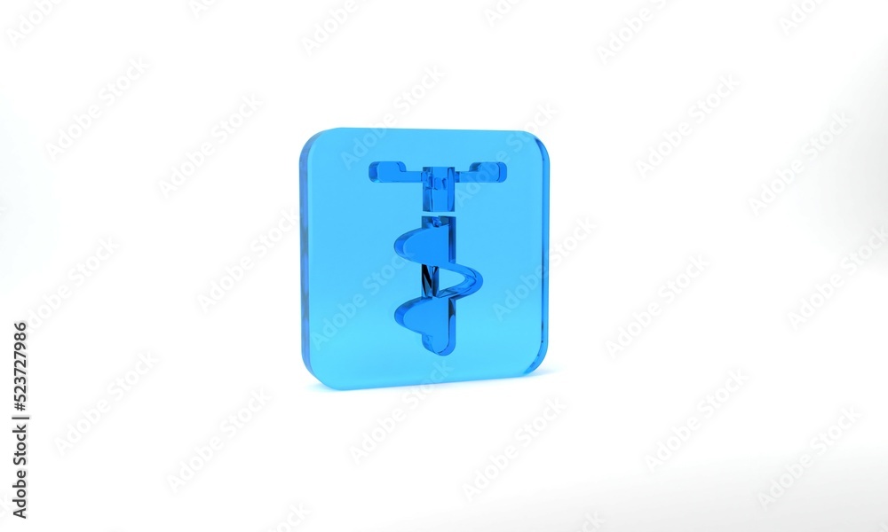 Blue Hand ice drill for winter fishing icon isolated on grey background. Glass square button. 3d illustration 3D render Blue Hand ice drill for winter fishing icon isolated on grey background. Glass square button. 3d illustration 3D render