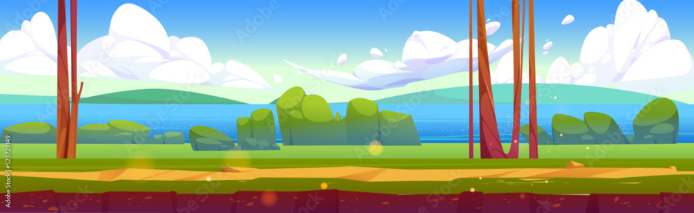 Cartoon nature landscape, summer background with trees, bushes and river,  lake or pond, green grass and blue sky with fluffy clouds. Cross section  ground view, parallax game scene, Vector illustration Stock Vector |