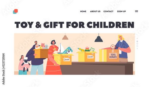 Charity, Toys and Gifts for Children Landing Page Template. People Giving Toys to Volunteer for Supporting Kids