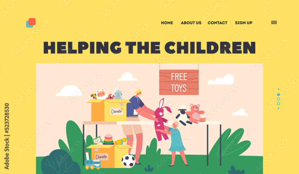 Help to Kids Charity Landing Page Template. Woman Giving Toy to Orphan Girl, Donation of Goods for Poor Children