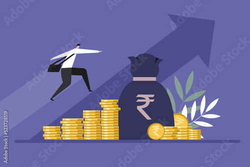 Illustration of a businessman moving up on Rupee coins. Concept for financial growth