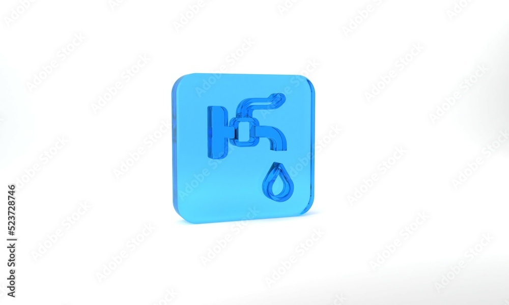 Blue Water tap icon isolated on grey background. Glass square button. 3d illustration 3D render Blue Water tap icon isolated on grey background. Glass square button. 3d illustration 3D render