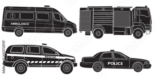 Black silhouette from the set of Vehicles of various emergency services vehicle vector illustration. Police, ambulance, fire brigade, rescuers isolated on white background