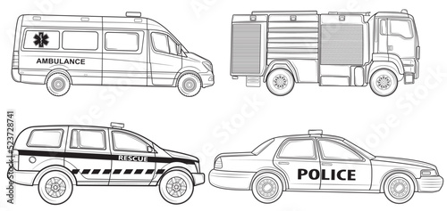 Set of Vehicles of various emergency services vehicle vector illustration. Police, ambulance, fire brigade, rescuers isolated on white background