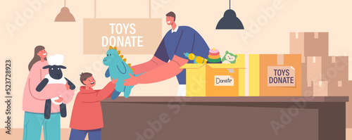 Altruistic Help to Kids, Charity, Caring and Philanthropy Concept. Volunteer Character Giving Toys to Children