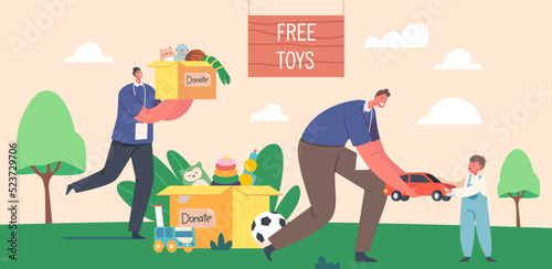 Charity Concept, Man Giving Car to Boy, Volunteer Character Carry Donation Box with Toys to Orphan Kids, Social Help