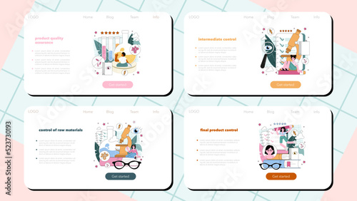 Biotechnologist web banner or landing page set. Technical biochemist controling