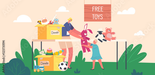 Woman Giving Plush Toy to Orphan Girl, Donation of Goods for Poor Children. Female Volunteer Character Altruistic Help