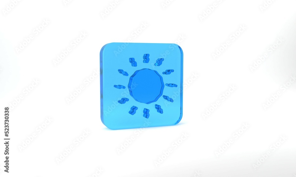 Blue Sun icon isolated on grey background. Glass square button. 3d illustration 3D render