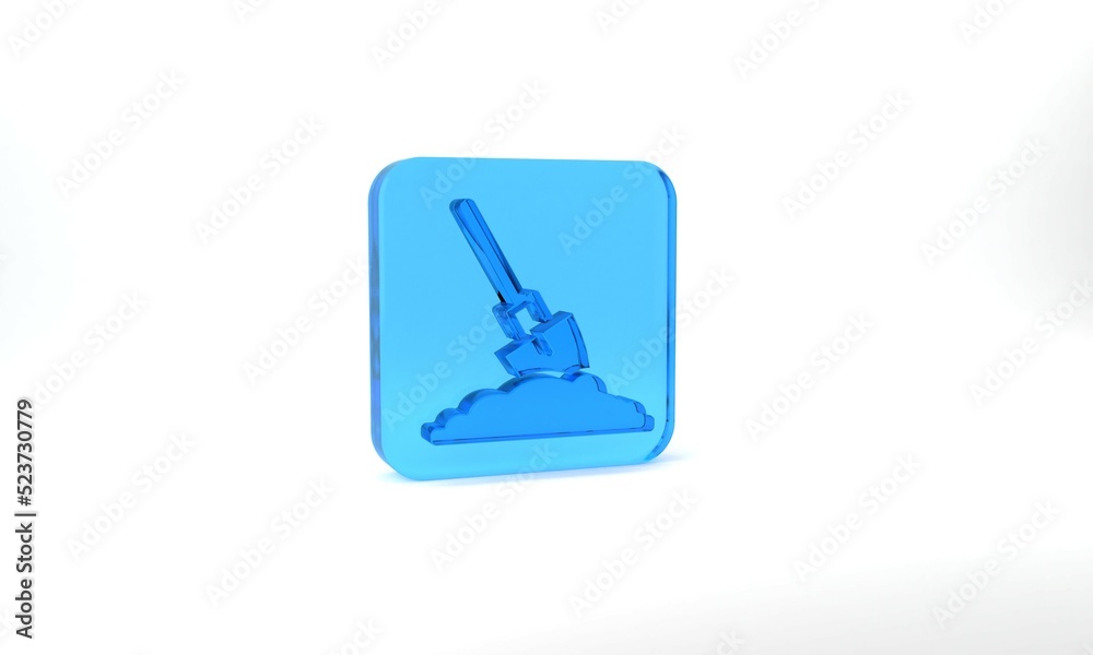 Blue Shovel in the ground icon isolated on grey background. Gardening tool. Tool for horticulture, agriculture, farming. Glass square button. 3d illustration 3D render Blue Shovel in the ground icon isolated on grey background. Gardening tool. Tool for horticulture, agriculture, farming. Glass square button. 3d illustration 3D render