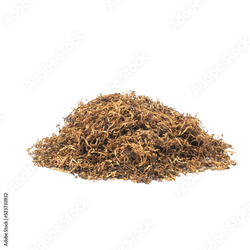 Pile of dried smoking tobacco isolated on a white background.copy space for text.no world tobacco day concept
 photo