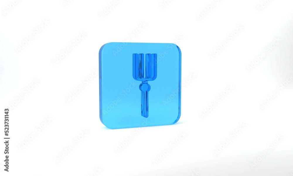 Blue Garden pitchfork icon isolated on grey background. Garden fork sign. Tool for horticulture, agriculture, farming. Glass square button. 3d illustration 3D render Blue Garden pitchfork icon isolated on grey background. Garden fork sign. Tool for horticulture, agriculture, farming. Glass square button. 3d illustration 3D render