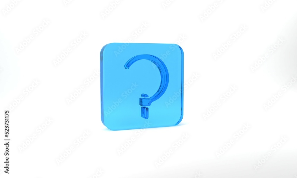 Blue Sickle icon isolated on grey background. Reaping hook sign. Glass square button. 3d illustration 3D render Blue Sickle icon isolated on grey background. Reaping hook sign. Glass square button. 3d illustration 3D render