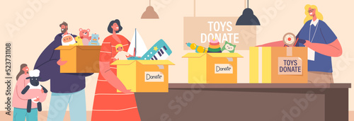 Charity Concept, Parents and Little Girl Giving Toys to Volunteer Character who Sorting Toys to Box for Supporting Kids