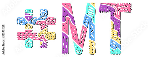 MT Hashtag. Multicolored bright isolate curves doodle letters. Hashtag #MT is abbreviation for the US American state Montana for social network, web resources, mobile apps.