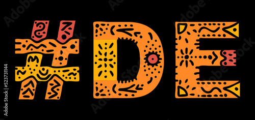 DE Hashtag. Multicolored bright isolate curves doodle letters. Hashtag #DE is abbreviation for the US American state Delaware for social network, web resources, mobile apps.