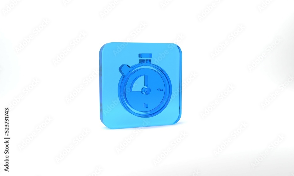 Blue Stopwatch icon isolated on grey background. Time timer sign. Chronometer sign. Glass square button. 3d illustration 3D render Blue Stopwatch icon isolated on grey background. Time timer sign. Chronometer sign. Glass square button. 3d illustration 3D render