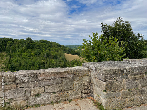 Medieval castle walls overlooking scenery