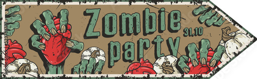 Halloween party poster with zombie hand, heart and cemetery. October autumn scary banner