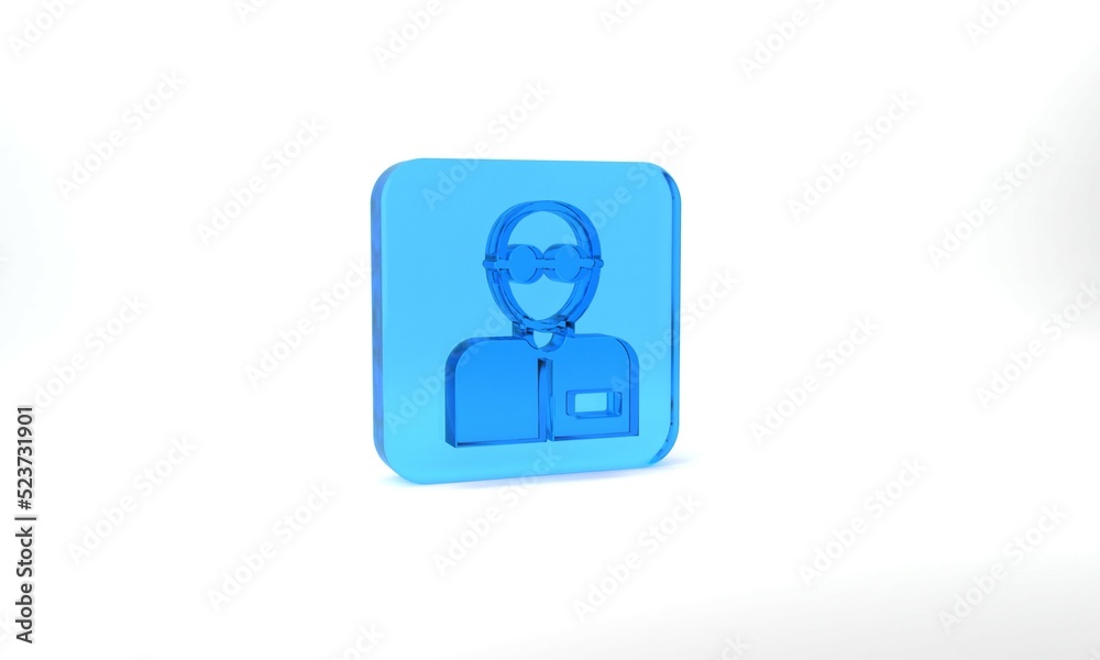 Blue Teacher icon isolated on grey background. Glass square button. 3d illustration 3D render Blue Teacher icon isolated on grey background. Glass square button. 3d illustration 3D render
