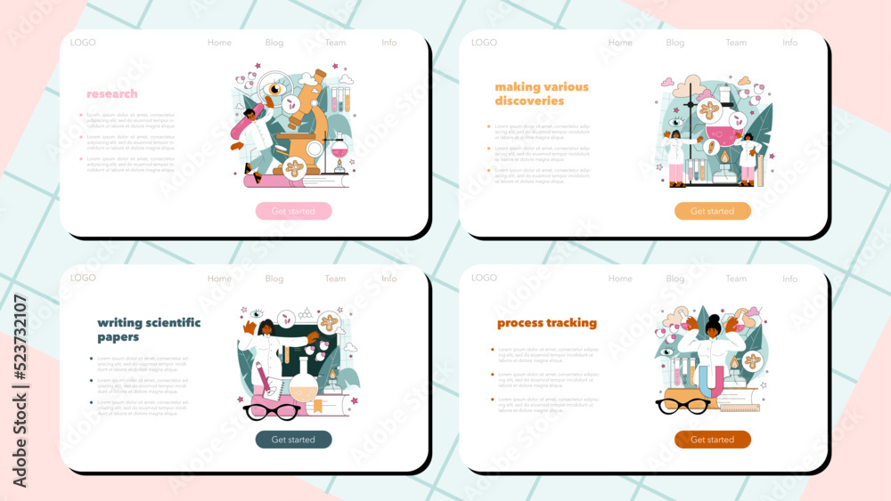 Scientist web banner or landing page set. Idea of education and innovation