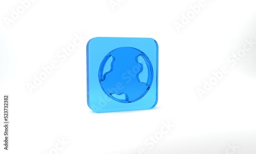Blue Earth globe icon isolated on grey background. World or Earth sign. Global internet symbol. Geometric shapes. Glass square button. 3d illustration 3D render © Iryna