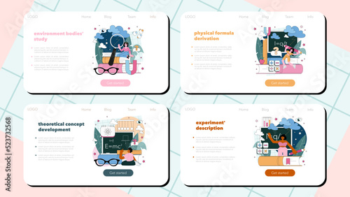 Theoretical physicist web banner or landing page set. Physicist explore