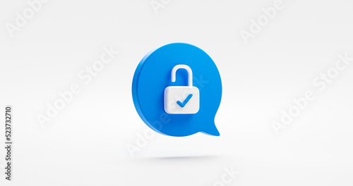 Unlock 3d icon isolated on white background with blue secure safety lock password bubble message security symbol or secret privacy access protection sign and private open key safe firewall protect. photo