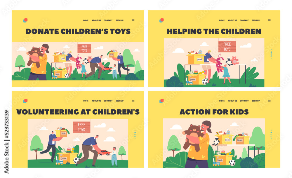 Donate Children Toys Landing Page Template Set. Young Volunteers Giving Toys to Orphan Kids from Donation Box