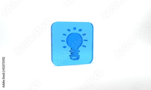 Blue Creative lamp light idea icon isolated on grey background. Concept ideas inspiration, invention, effective thinking, knowledge and education. Glass square button. 3d illustration 3D render