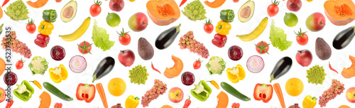 Colorful seamless pattern fresh bright vegetables and fruits isolated on white