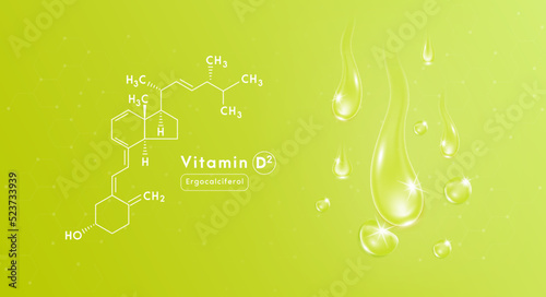 Drop water vitamin D2 green and structure. Collagen oil solution. Serum vitamin complex. Beauty treatment nutrition skin care design. Medical and scientific concepts. 3D Realistic Vector EPS10.