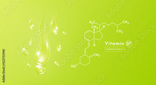 Drop water vitamin D3 green and structure. Collagen oil solution. Serum vitamin complex. Beauty treatment nutrition skin care design. Medical and scientific concepts. 3D Realistic Vector EPS10.