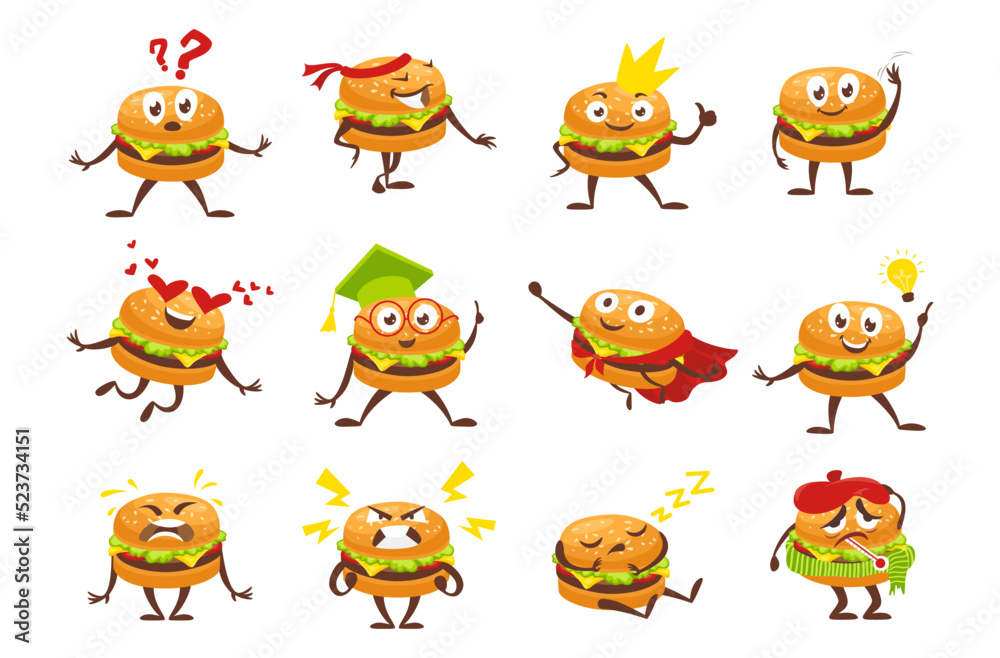 Obraz premium Funny burger character set isometric vector illustration. Cute fast food emoticon smileys