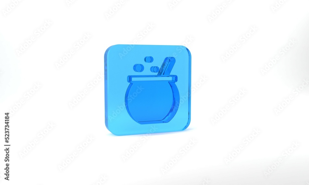 Blue Halloween witch cauldron icon isolated on grey background. Happy Halloween party. Glass square button. 3d illustration 3D render