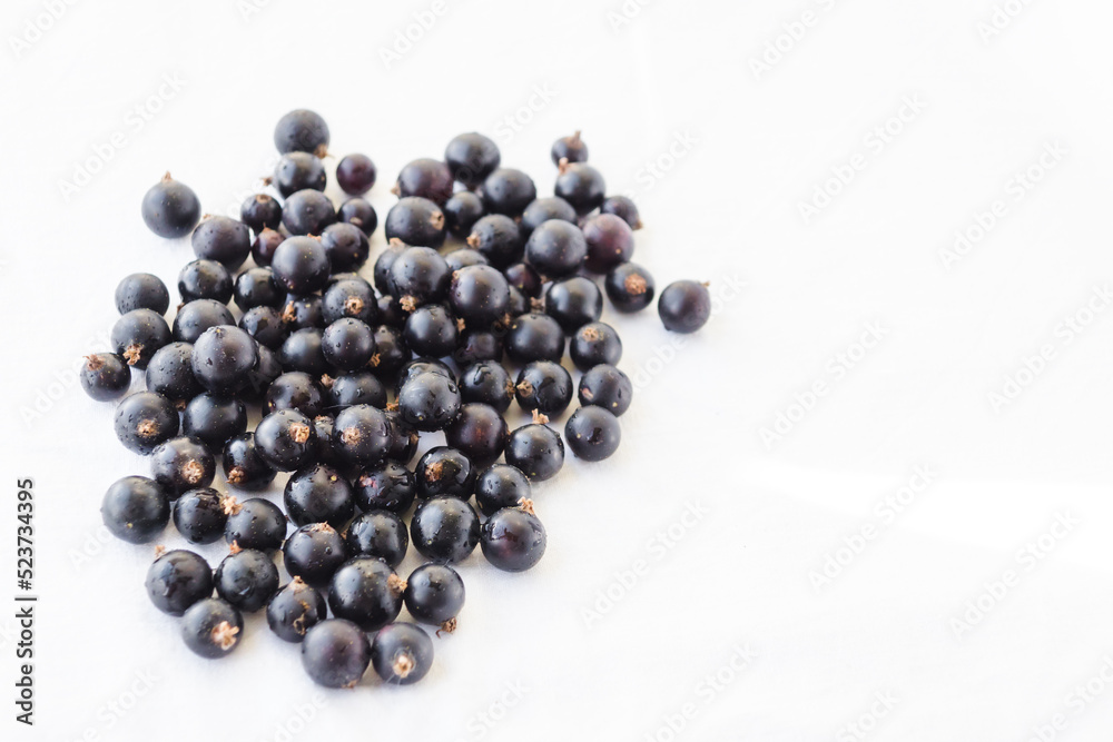 Fresh black berries with water drops closeup. Blackcurrants isolated on a white background. Black currant with copy space for text. Currant organic berries harvest - healthy eating and food concept
