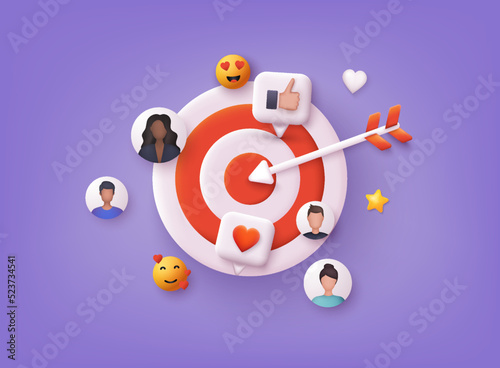 Target customer concept. Customer attraction campaign, accurate promo, advertising. 3D Web Vector Illustrations.