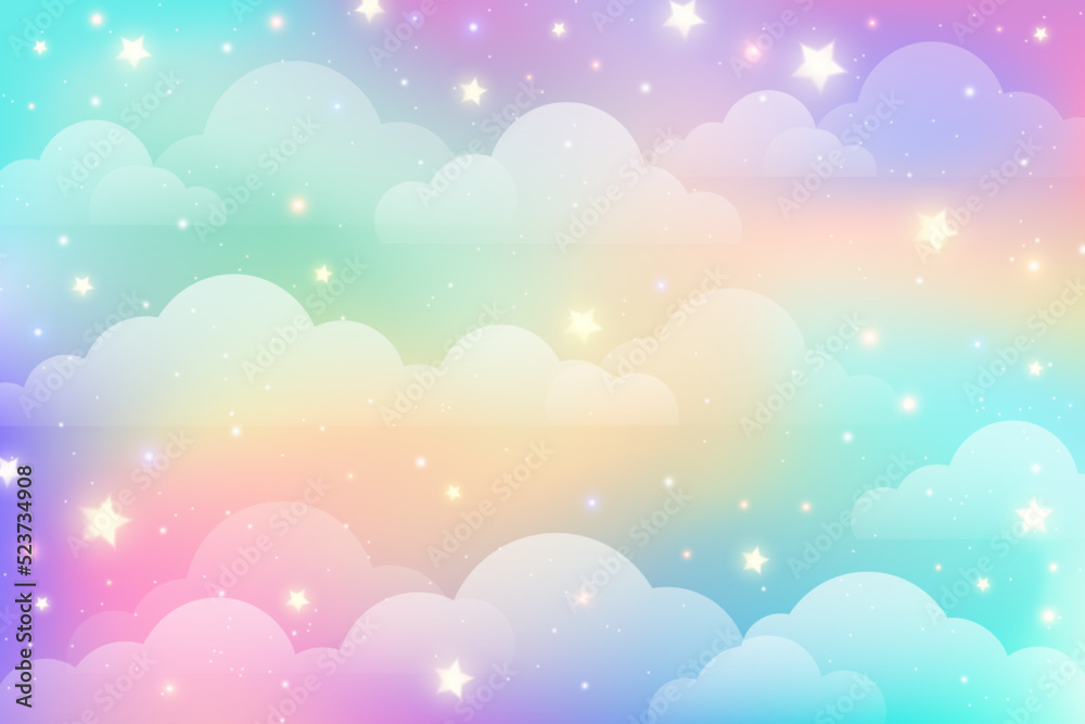 Rainbow unicorn background with clouds and stars. Pastel color sky. Magical landscape, abstract fabulous pattern. Cute candy wallpaper. Vector. Rainbow unicorn background with clouds and stars. Pastel color sky. Magical landscape, abstract fabulous pattern. Cute candy wallpaper. Vector.