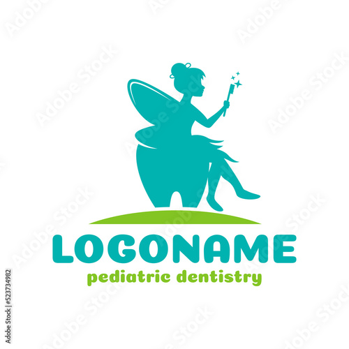Fairy sitting on teeth, Pediatric dentistry logo template, dental logo