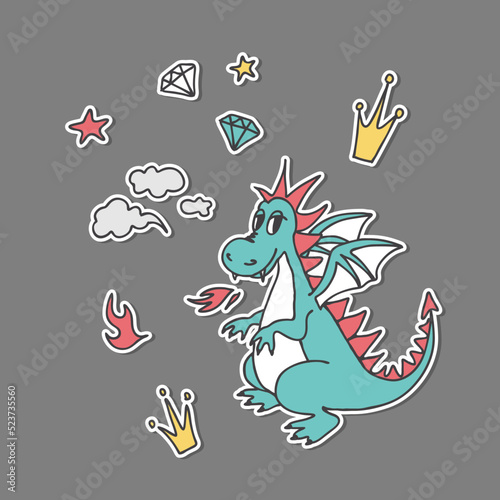 Fashion patch badges. Magic set. Cute magic collection with cartoon dragon, stars, fire, smoke, crowns and diamonds. Trend. Vector illustration isolated. 